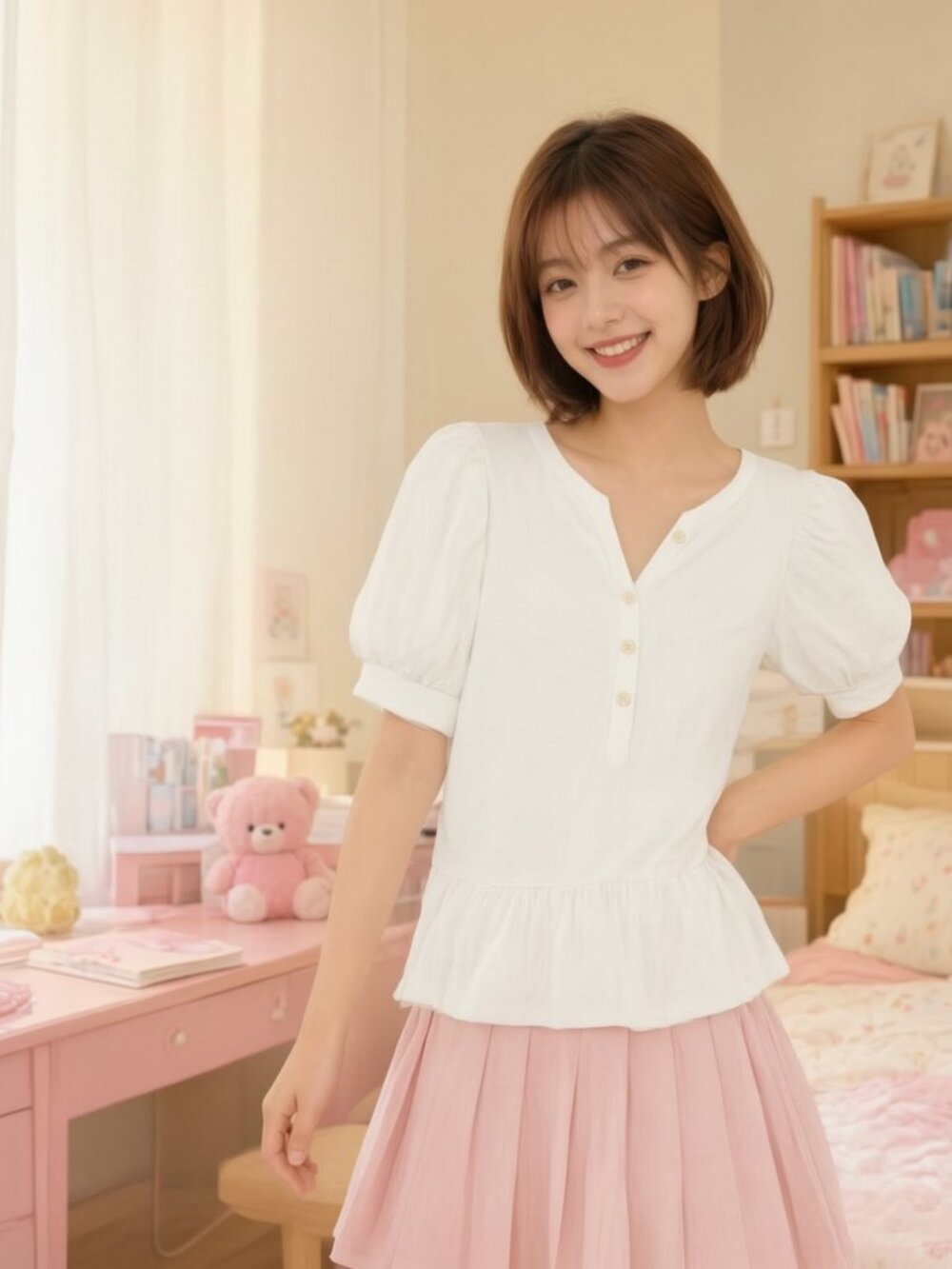 LOFT Crisp White Ribbed Mixed-Media Puff Sleeve Henley Top